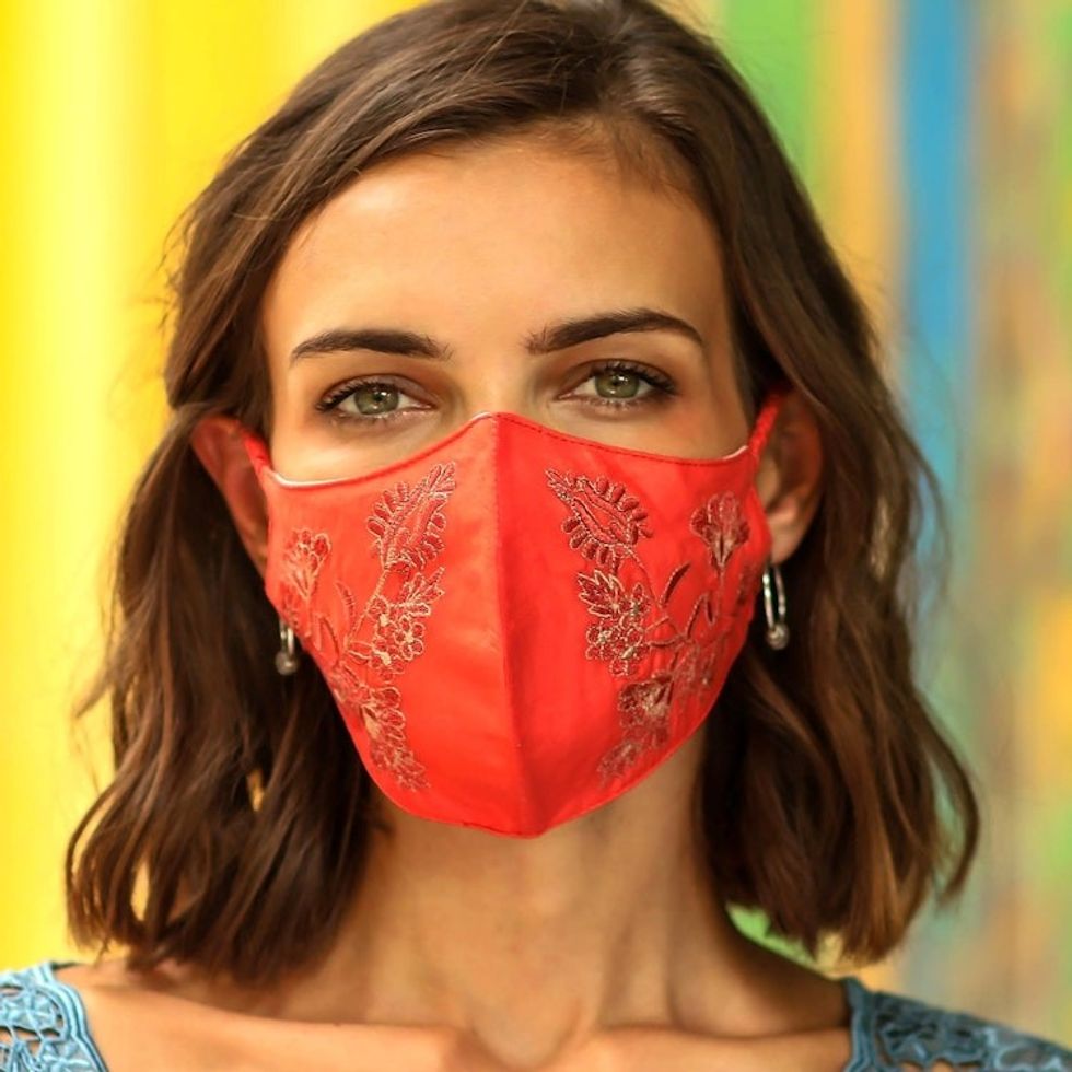 2 Beaded Embroidered Cotton Face Masks in Orange and Pink 'Balinese Glamour'