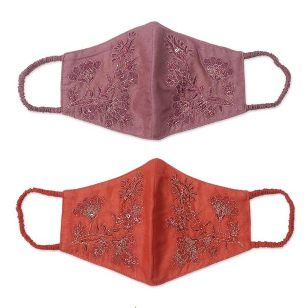 Alternate image for 2 Beaded Embroidered Cotton Face Masks in Orange and Pink Balinese Glamour