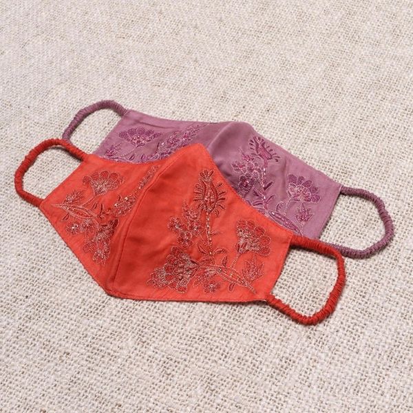 Alternate image for 2 Beaded Embroidered Cotton Face Masks in Orange and Pink Balinese Glamour