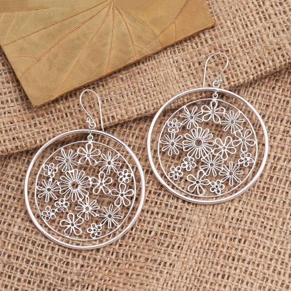 Sterling Silver Circles with Flowers Dangle Earrings 'Circle Bouquet'