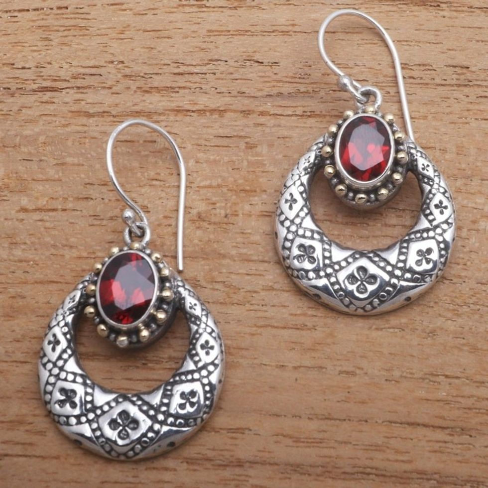 Round Gold Accented Garnet Dangle Earrings from Bali 'Eyes of Honesty'