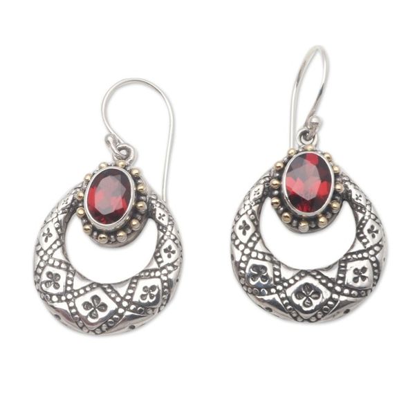 Alternate image for Round Gold Accented Garnet Dangle Earrings from Bali Eyes of Honesty