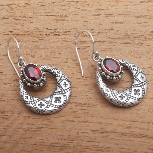 Alternate image for Round Gold Accented Garnet Dangle Earrings from Bali Eyes of Honesty