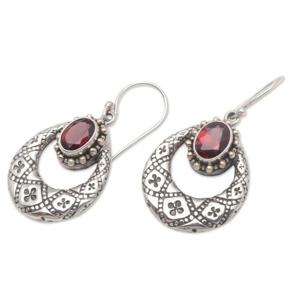 Alternate image for Round Gold Accented Garnet Dangle Earrings from Bali Eyes of Honesty