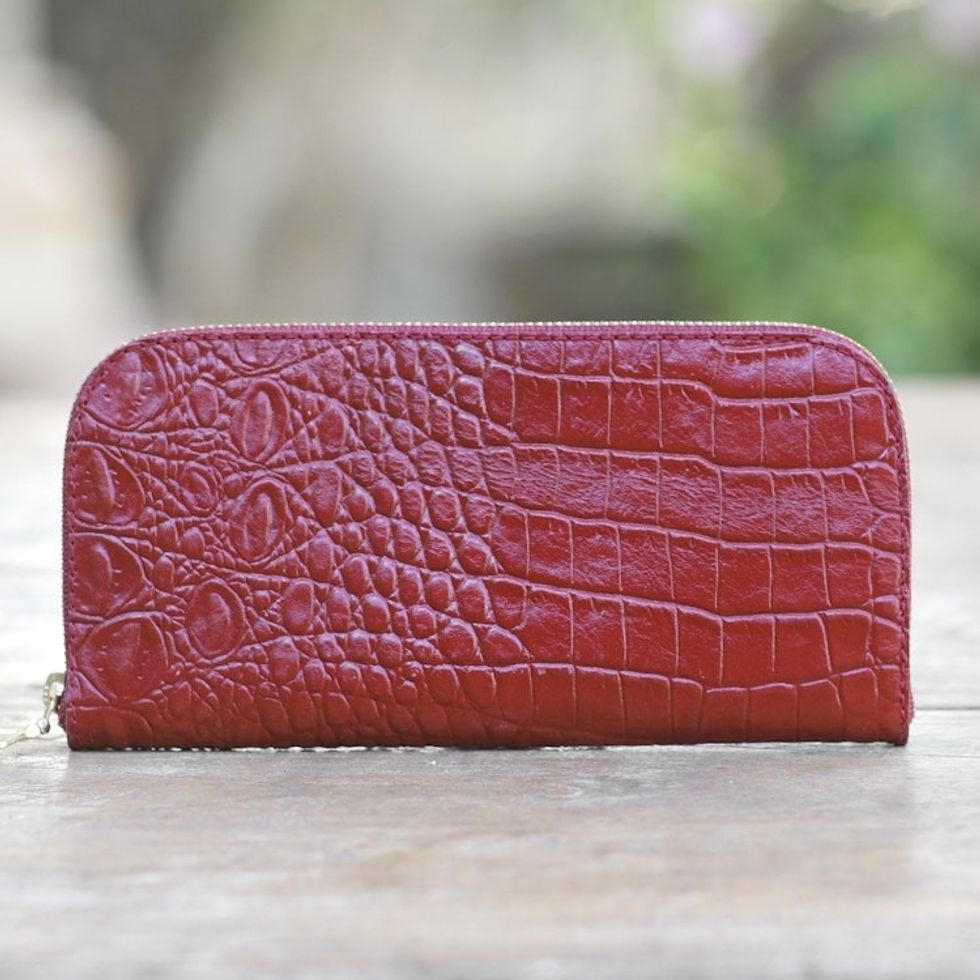 Red Embossed Leather Wallet from Bali 'Red Croc'
