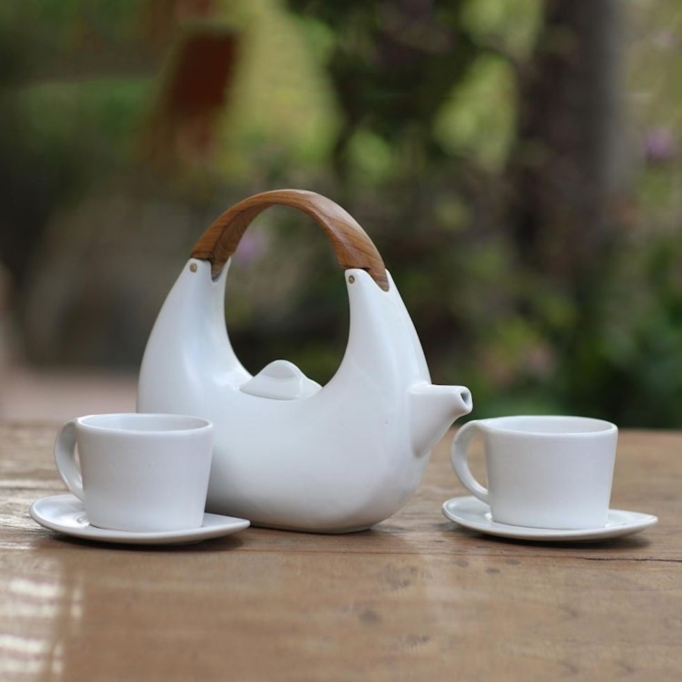 Balinese Matte White Ceramic Tea Set with Teak Handle 'Resting Cloud in White'