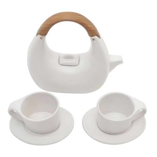 Alternate image for Balinese Matte White Ceramic Tea Set with Teak Handle Resting Cloud in White