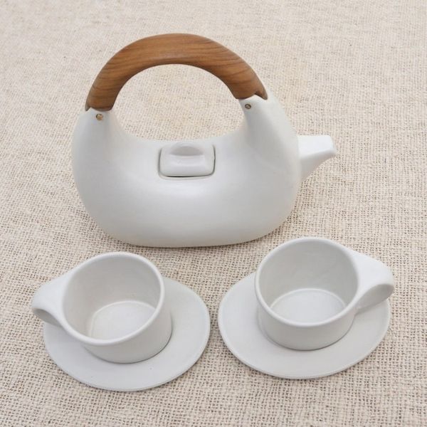 Alternate image for Balinese Matte White Ceramic Tea Set with Teak Handle Resting Cloud in White