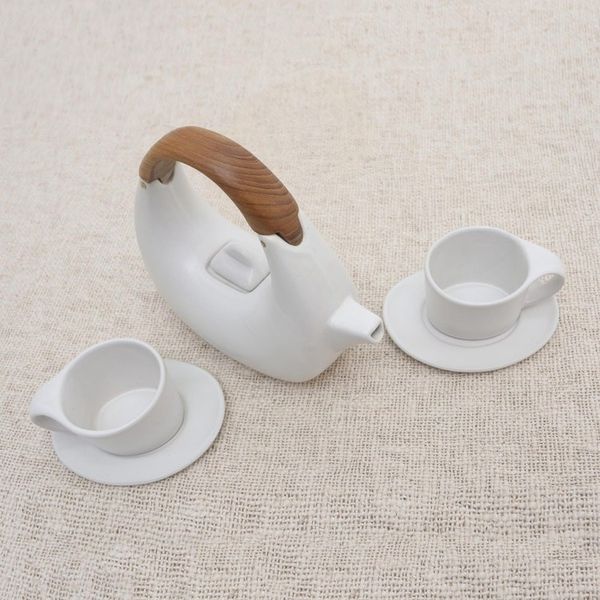 Alternate image for Balinese Matte White Ceramic Tea Set with Teak Handle Resting Cloud in White