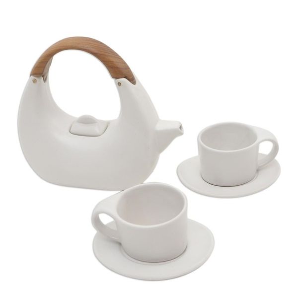 Alternate image for Balinese Matte White Ceramic Tea Set with Teak Handle Resting Cloud in White