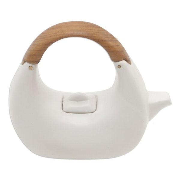 Alternate image for Balinese Matte White Ceramic Tea Set with Teak Handle Resting Cloud in White