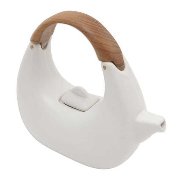 Alternate image for Balinese Matte White Ceramic Tea Set with Teak Handle Resting Cloud in White