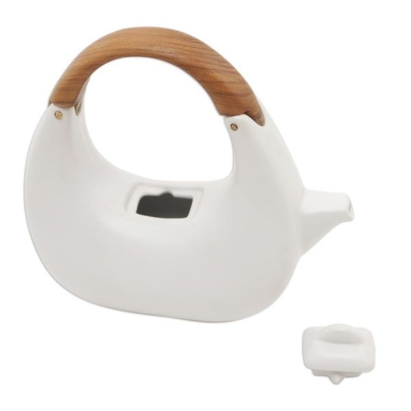 Alternate image for Balinese Matte White Ceramic Tea Set with Teak Handle Resting Cloud in White