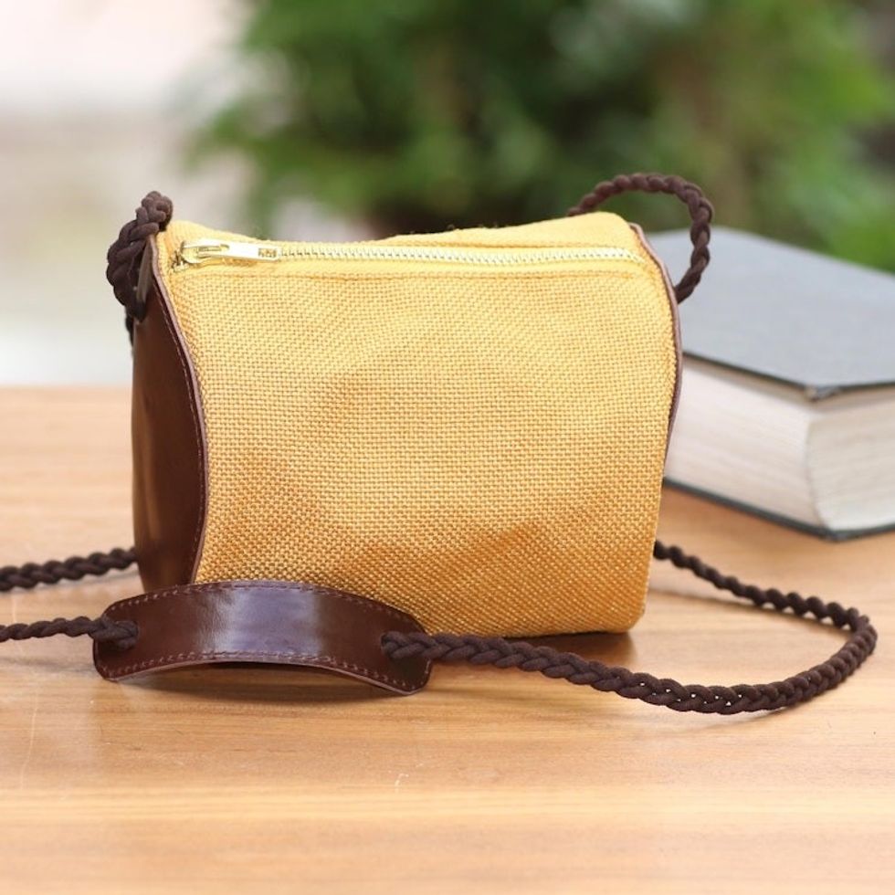 Small Javanese Cotton and Leather Sling Bag 'Java Barrel'