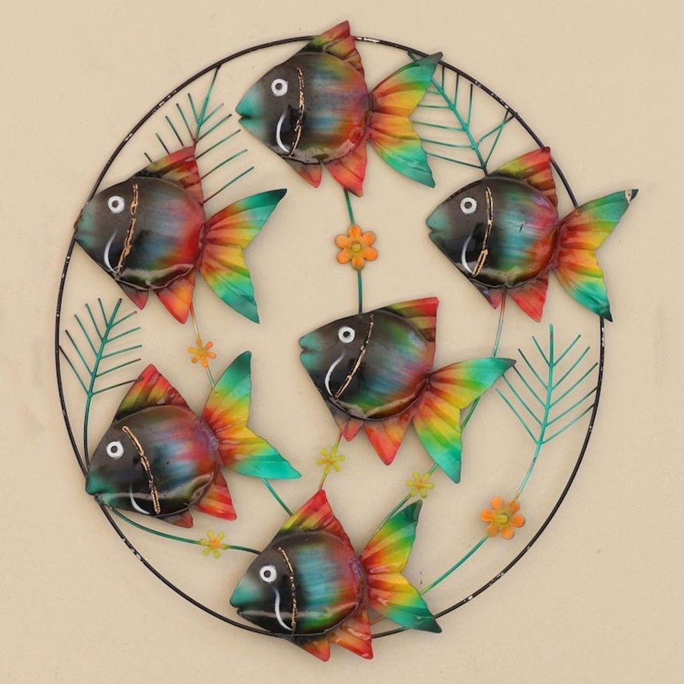 Hand Crafted Metal Wall Sculpture of Tropical Fish 'Rainbow School'