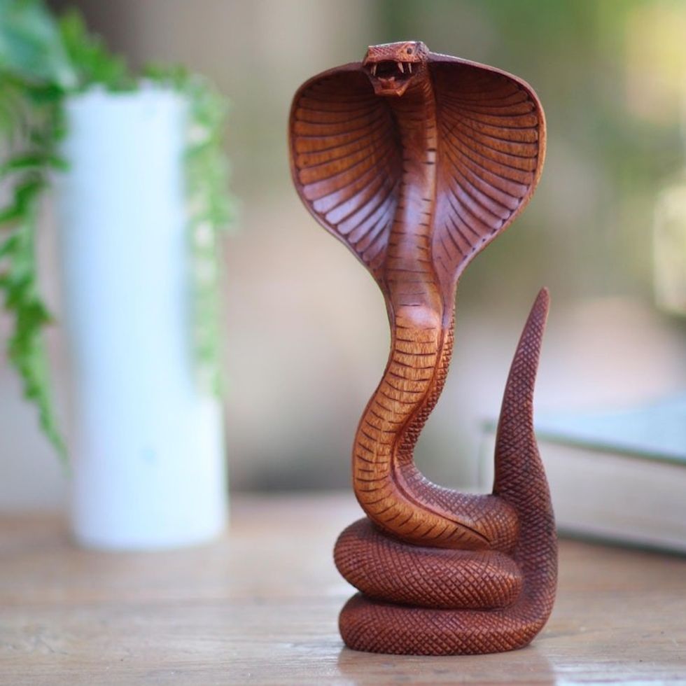 Hand Carved Cobra Sculpture from Bali Artisan 'About to Strike'