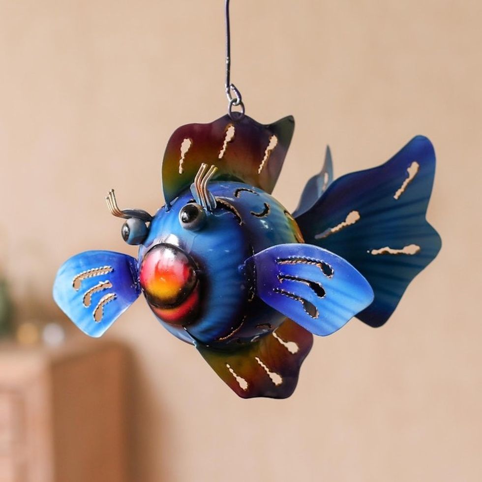 Steel Fish Hanging Tealight Holder from Bali 'Bright Fish'