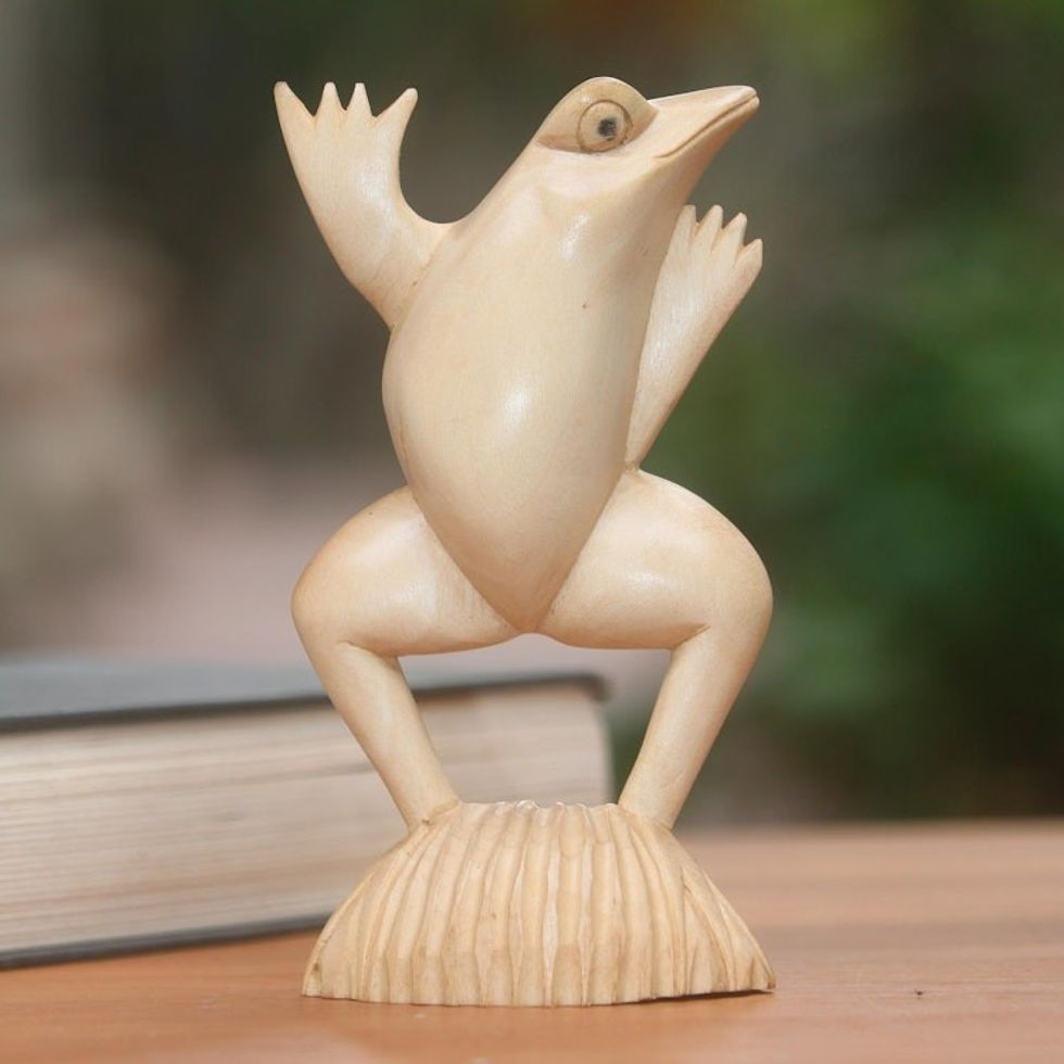 Artisan Crafted Wood Frog Statuette from Bali 'Flamboyant Frog'