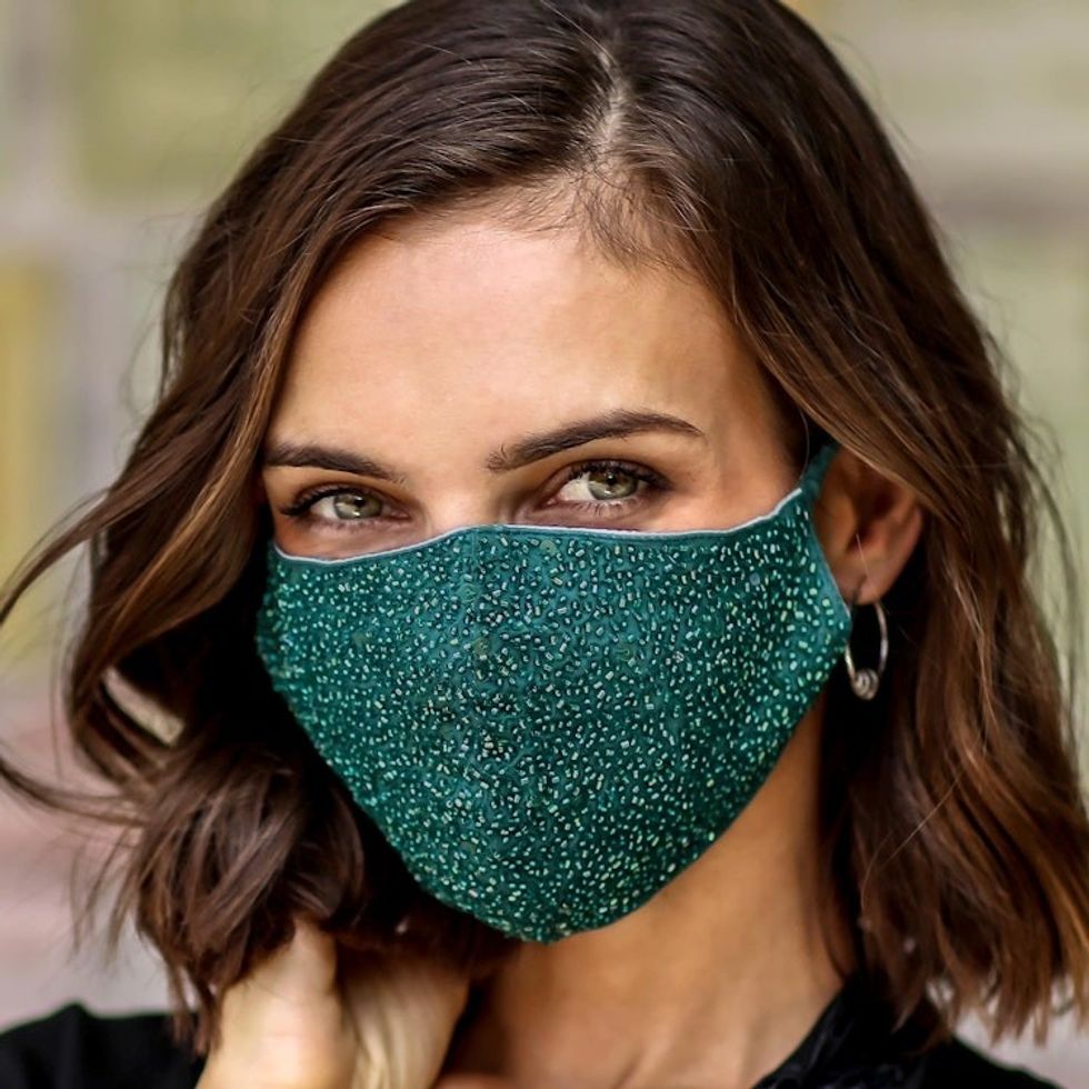 2 Hand Beaded Cotton Contoured Masks in Green and Orange 'Feeling Glamorous'