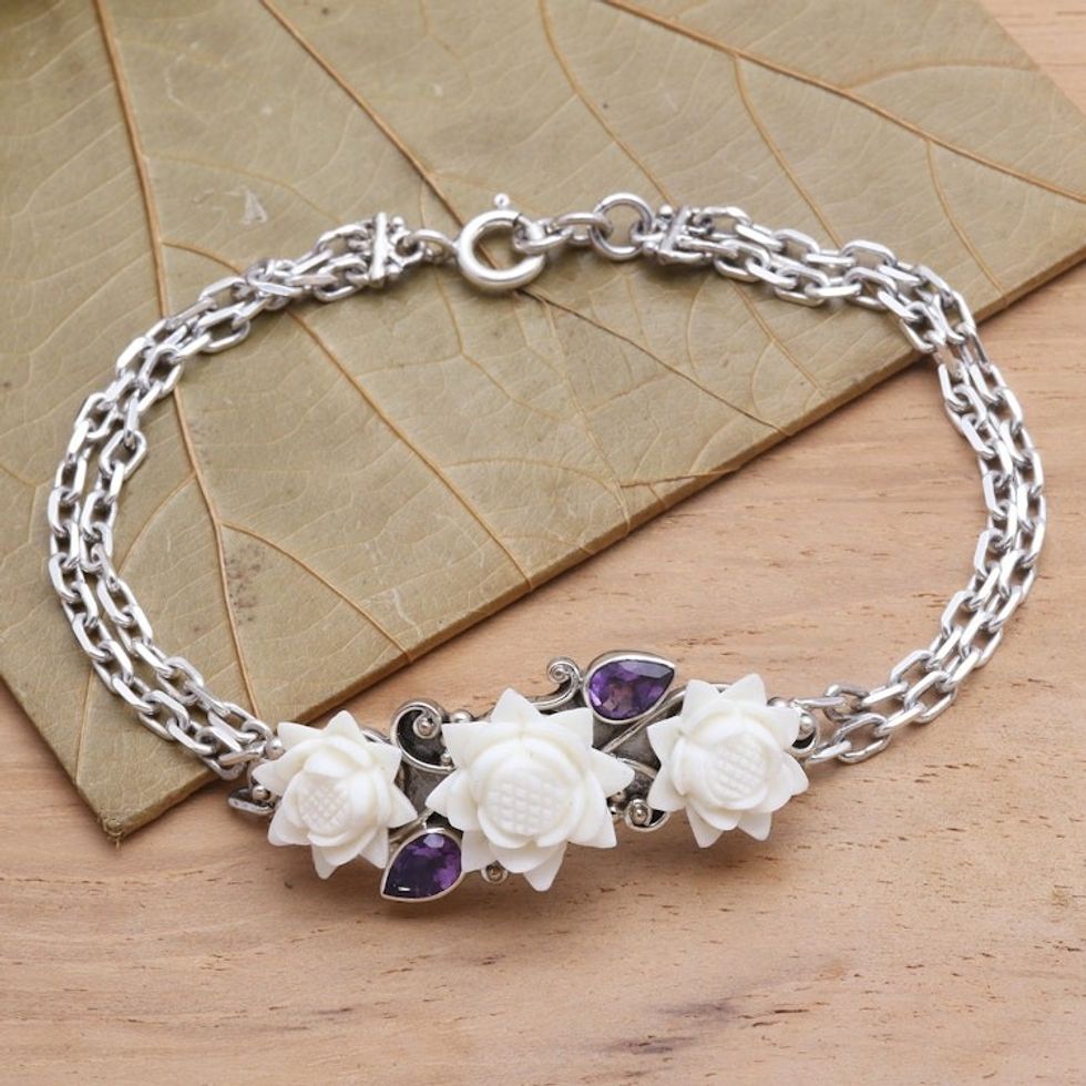 Sterling Silver and Amethyst Bracelet with Flowers 'Ivory Lotus'