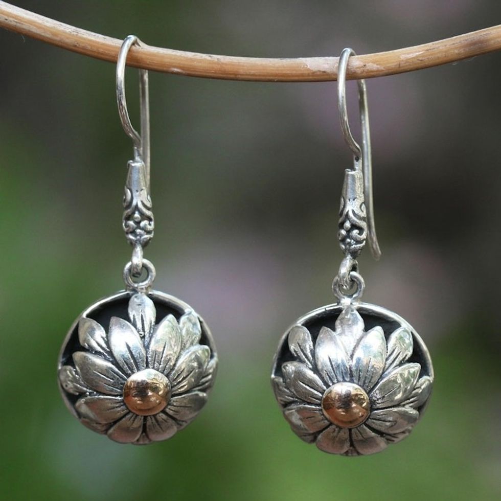 Floral Gold Accented Sterling Silver Dangle Earrings 'Flower Domes'