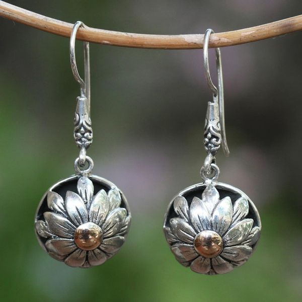 Alternate image for Floral Gold Accented Sterling Silver Dangle Earrings Flower Domes
