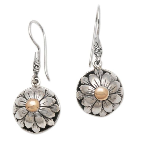 Alternate image for Floral Gold Accented Sterling Silver Dangle Earrings Flower Domes