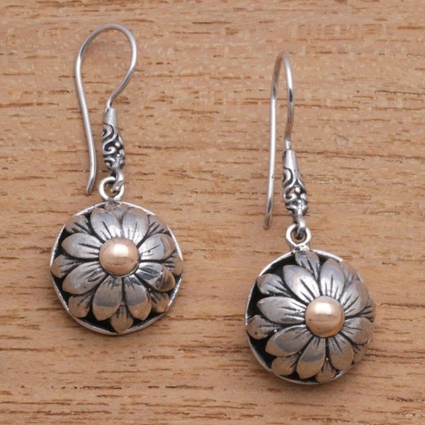 Alternate image for Floral Gold Accented Sterling Silver Dangle Earrings Flower Domes
