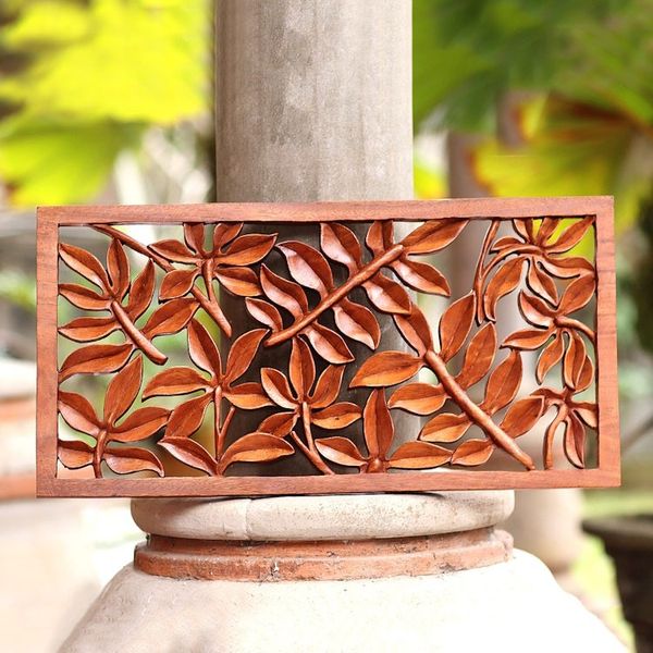 Alternate image for Leaf Motif Suar Wood Relief Panel from Bali Lovely Canopy