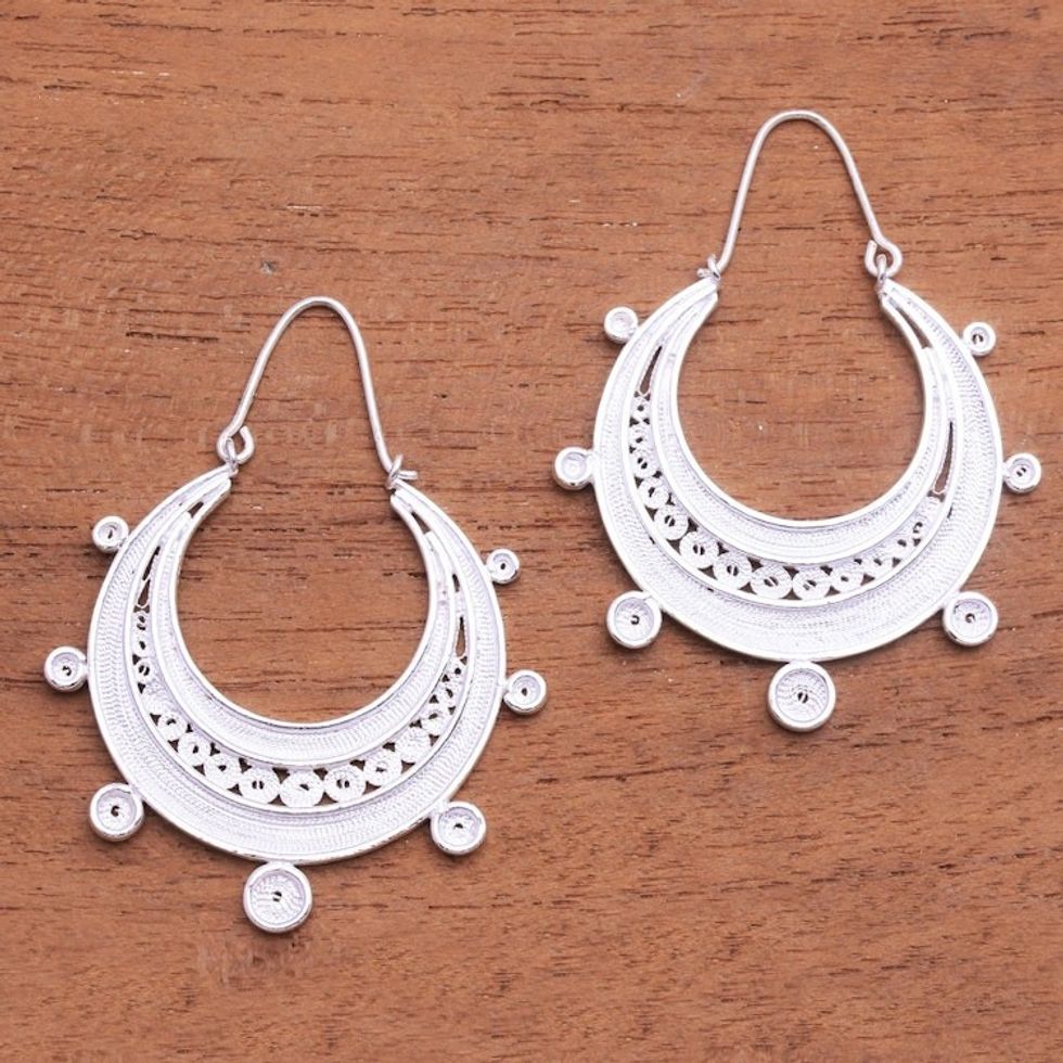 Sterling Silver Filigree Hoop Earrings from Java 'Crescent Orbit'