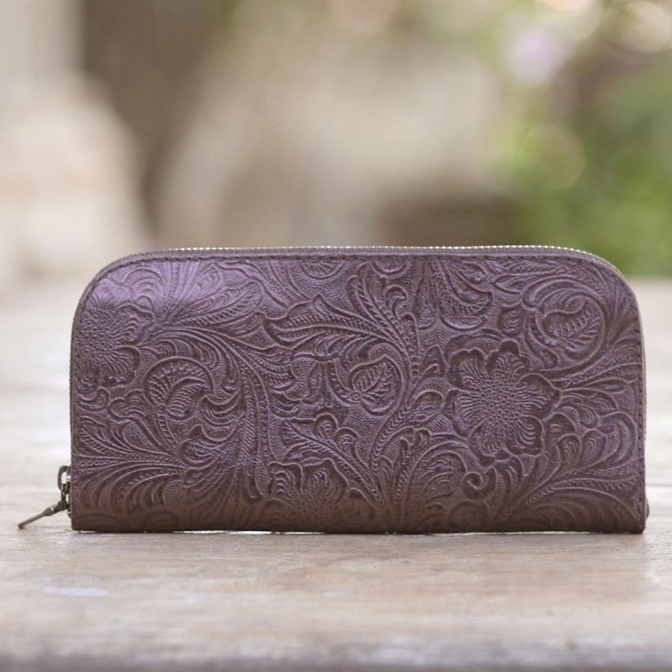 Hand Tooled Brown leather Wallet 'Flowers of Ubud in Brown'