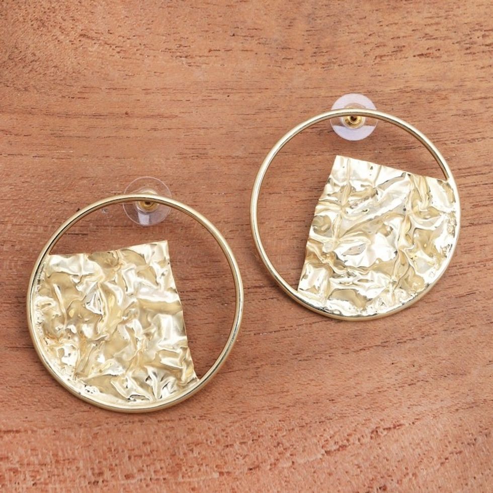 Angular Modern 18k Gold-Plated Brass Drop Earrings from Bali 'Angular Waves'