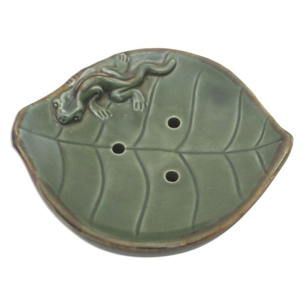 Alternate image for Ceramic Leaf Soap Dish with Gecko Decoration Gecko Home