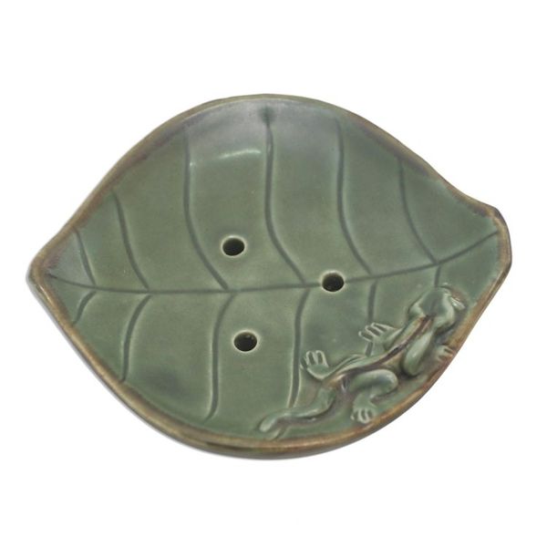 Alternate image for Ceramic Leaf Soap Dish with Gecko Decoration Gecko Home