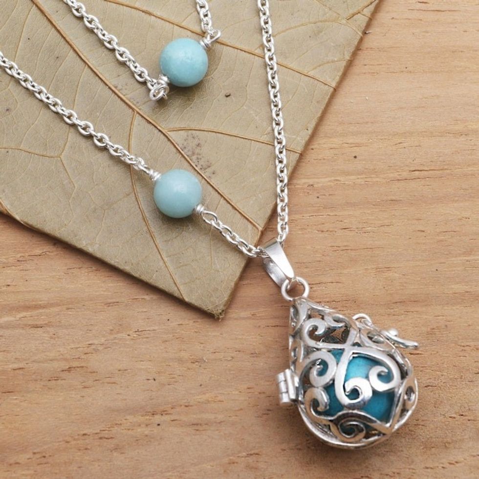 Silver Amazonite and Blue Enamel Harmony Ball Necklace 'Blue Lace Angel Chime'