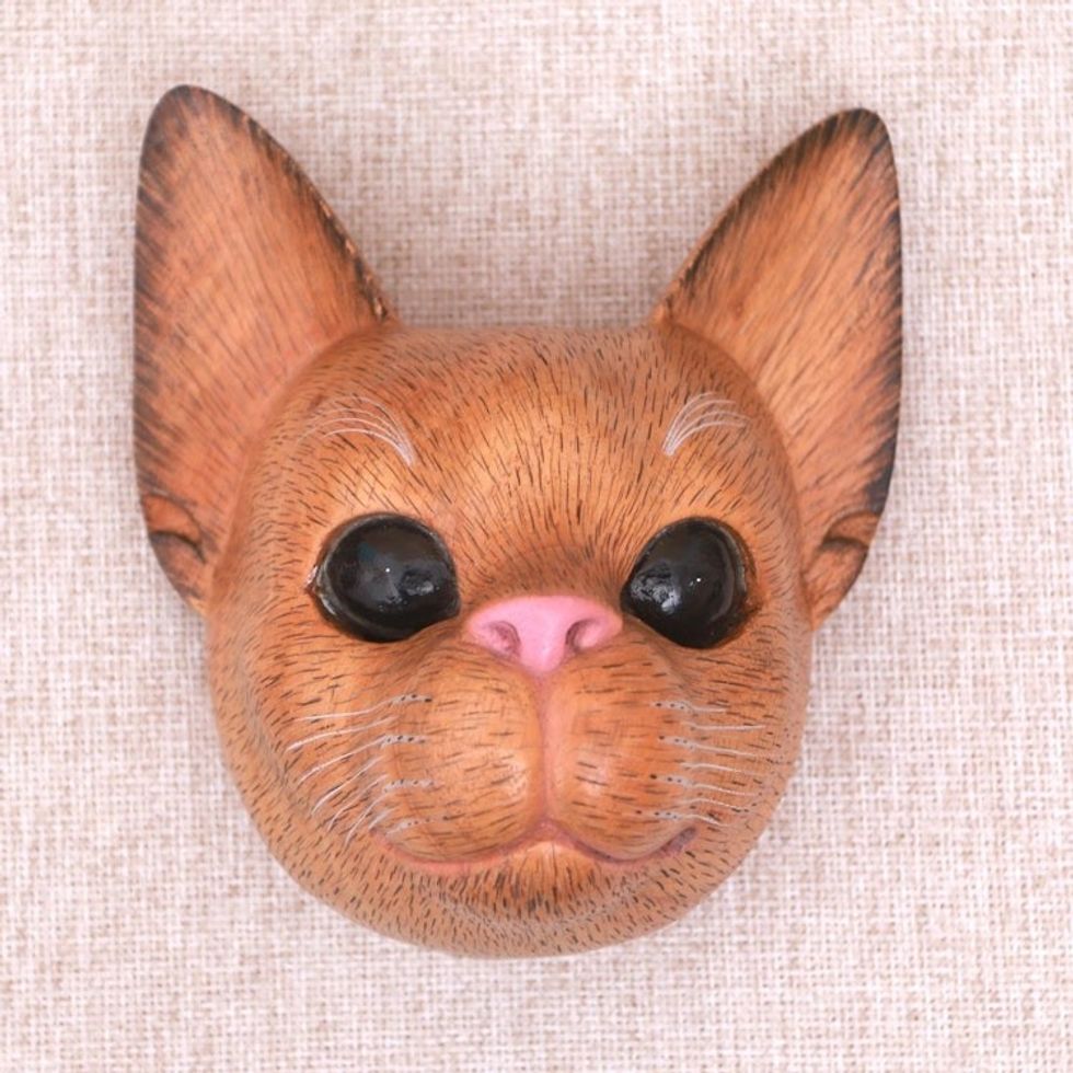 Hand-Carved Suar Wood Cat Mask from Bali 'Watchful Cat'