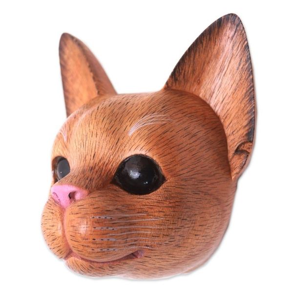 Alternate image for Hand-Carved Suar Wood Cat Mask from Bali Watchful Cat