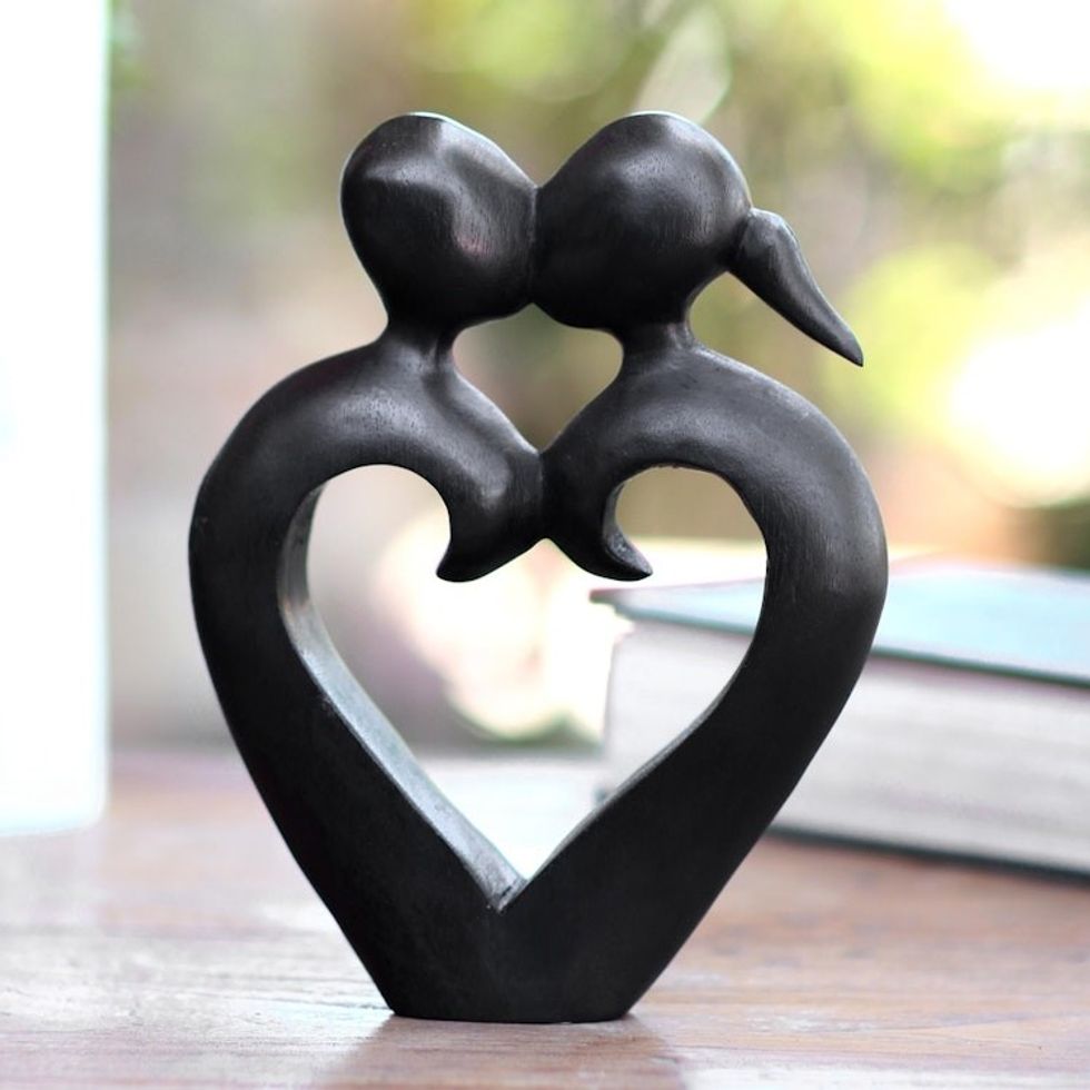 Romantic Wood Sculpture of Couple Kissing 'Engaged in a Kiss'