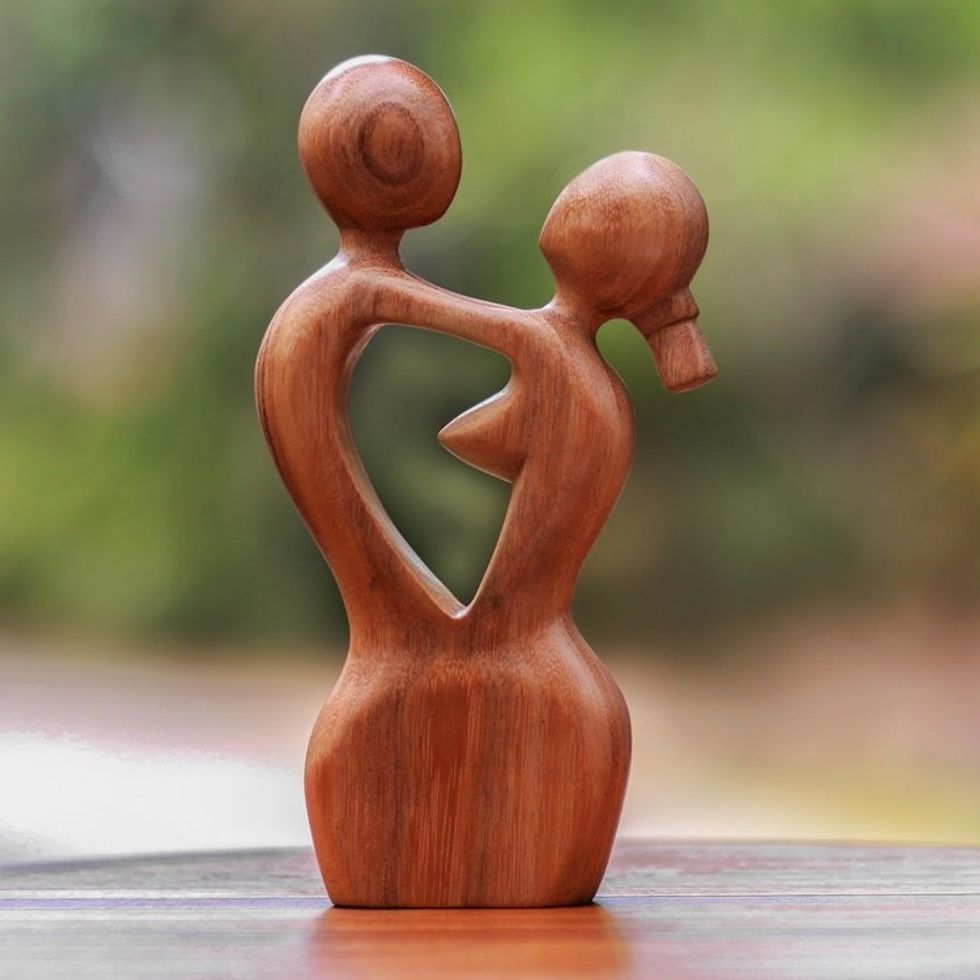 Hand-Carved Romantic Suar Wood Sculpture from Bali 'Romance Dance'