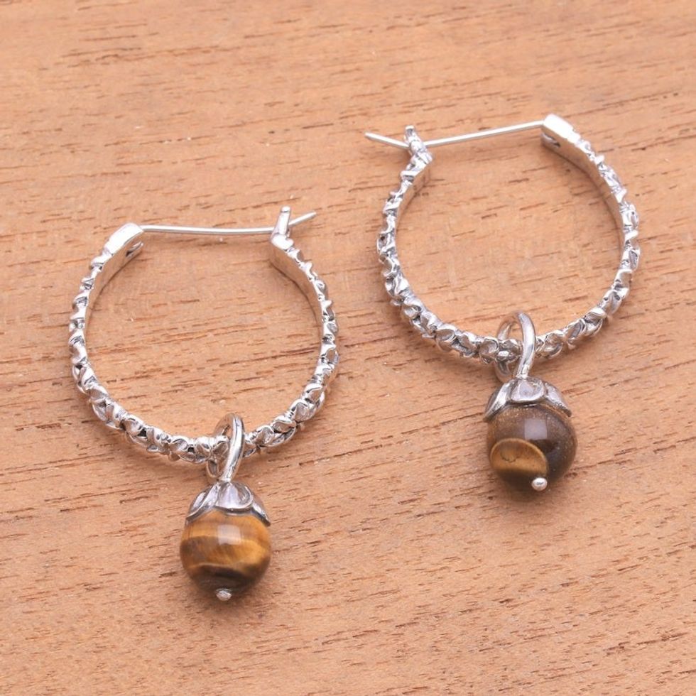 Floral Tiger's Eye Hoop Earrings Crafted in Bali 'Budding Spirit'