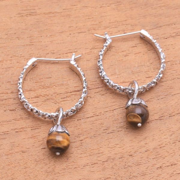 Alternate image for Floral Tigers Eye Hoop Earrings Crafted in Bali Budding Spirit