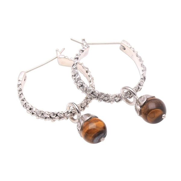 Alternate image for Floral Tigers Eye Hoop Earrings Crafted in Bali Budding Spirit
