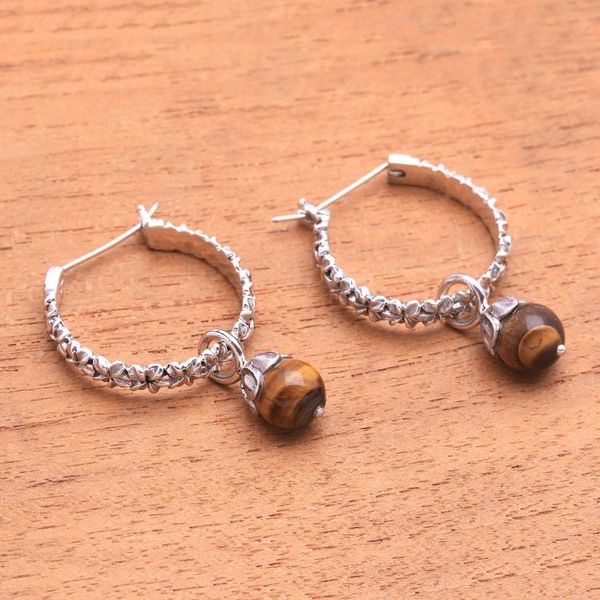 Alternate image for Floral Tigers Eye Hoop Earrings Crafted in Bali Budding Spirit