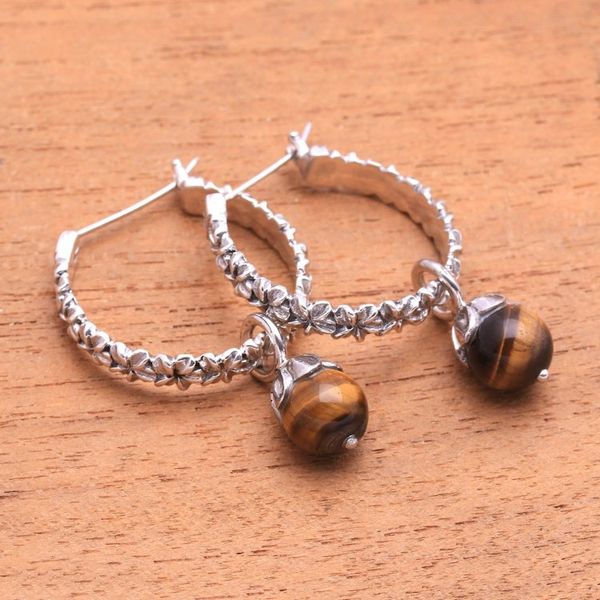 Alternate image for Floral Tigers Eye Hoop Earrings Crafted in Bali Budding Spirit