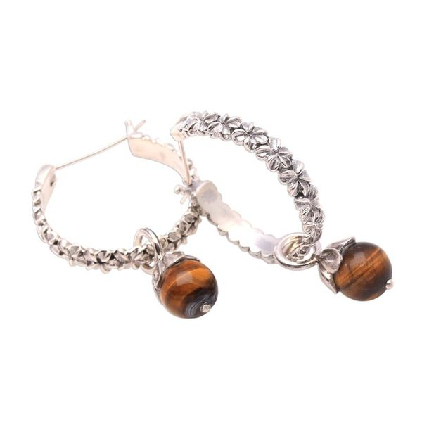 Alternate image for Floral Tigers Eye Hoop Earrings Crafted in Bali Budding Spirit