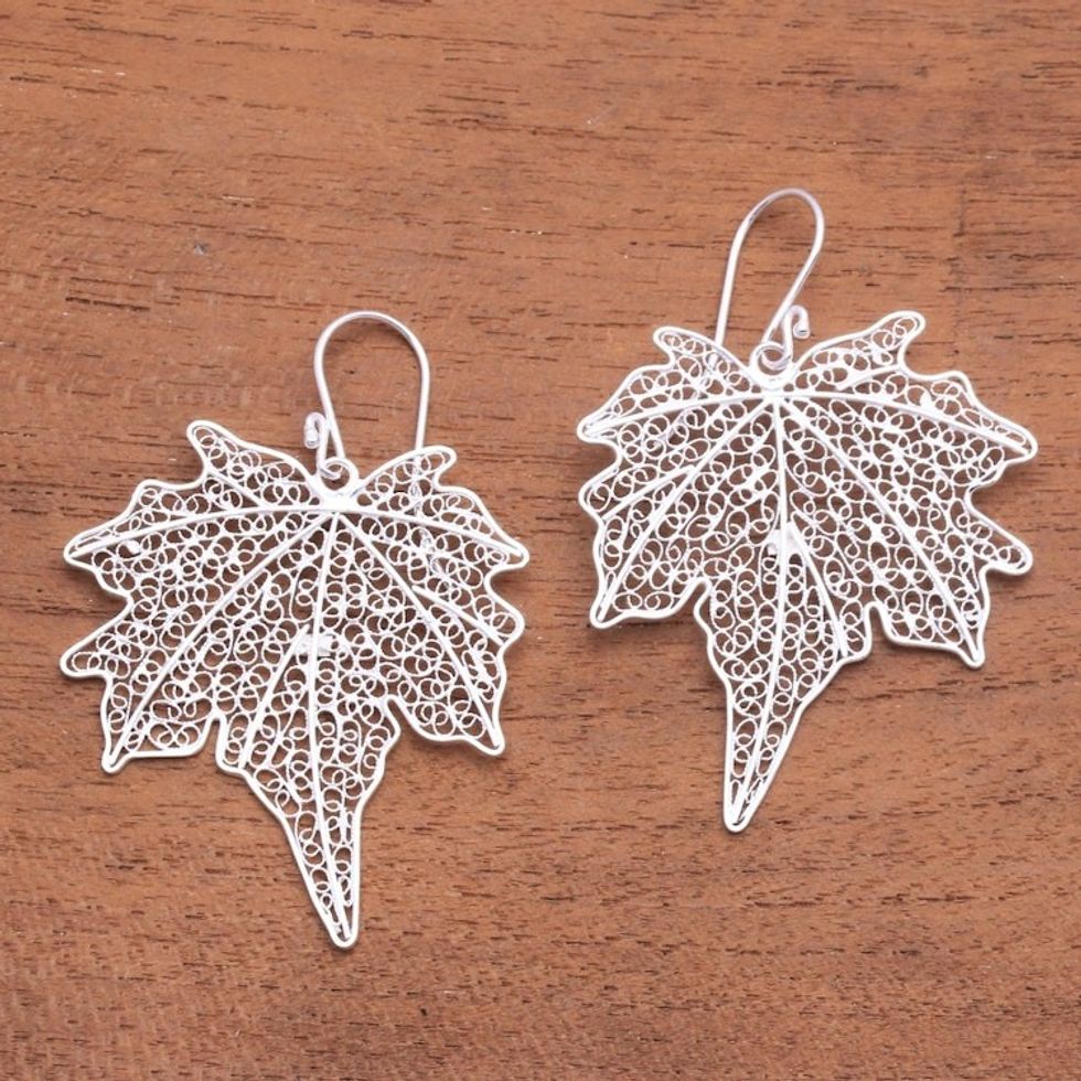 Leaf-Shaped Sterling Silver Filigree Dangle Earrings 'Wonderful Leaves'