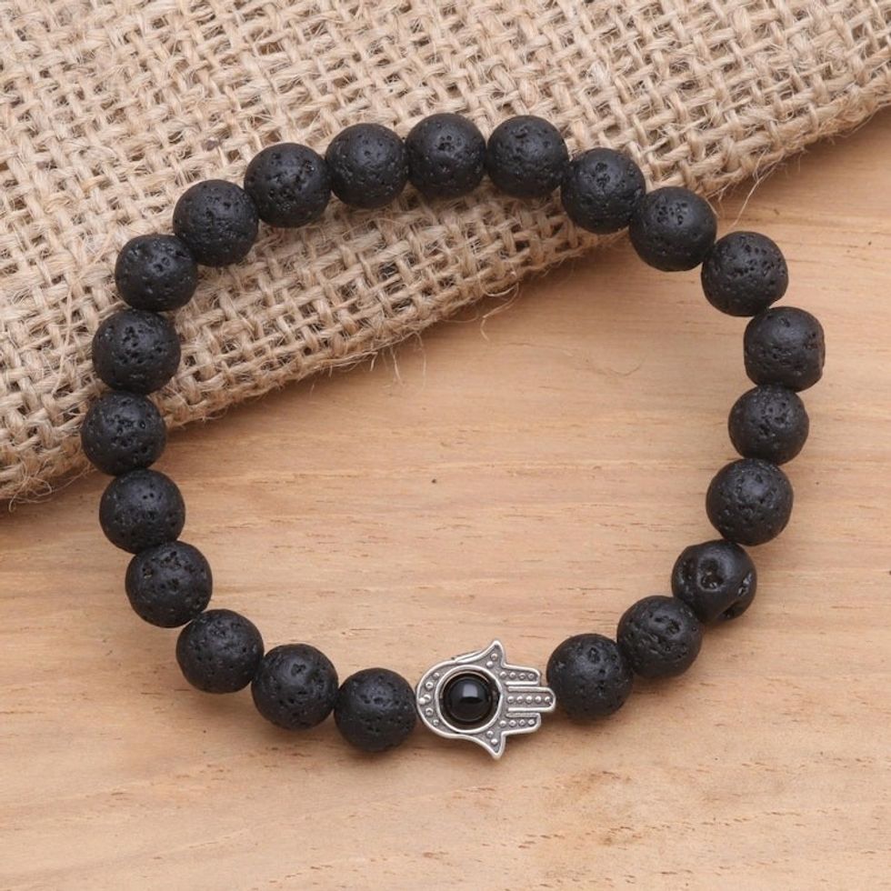 Hamsa Hand Lava Stone Stretch Bracelet with Onyx 'Hamsa Hand'