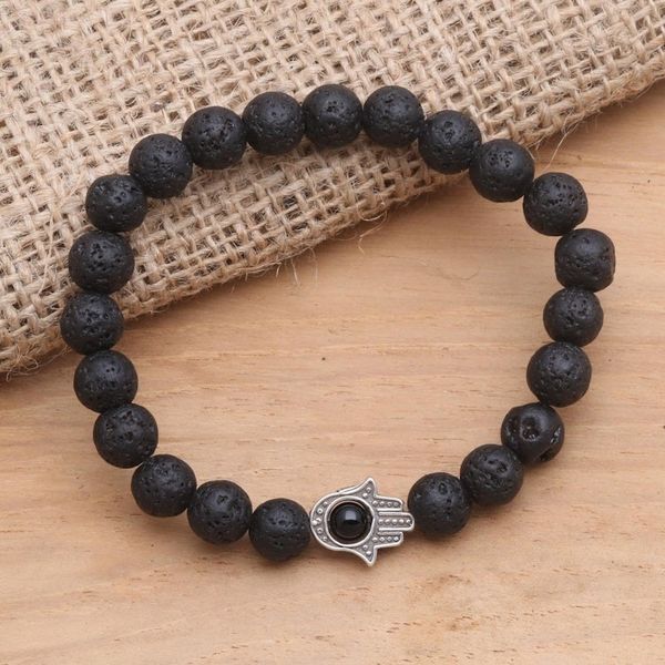 Alternate image for Hamsa Hand Lava Stone Stretch Bracelet with Onyx Hamsa Hand