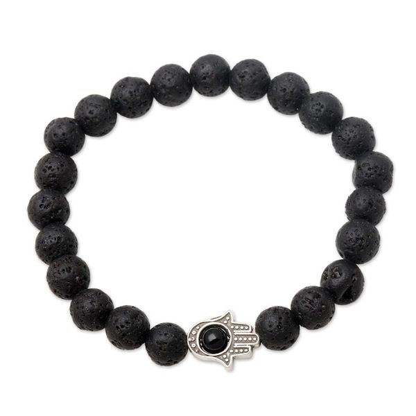Alternate image for Hamsa Hand Lava Stone Stretch Bracelet with Onyx Hamsa Hand
