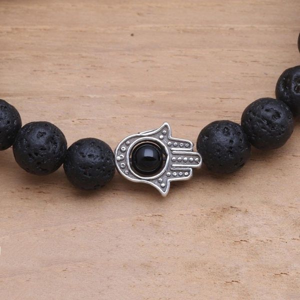 Alternate image for Hamsa Hand Lava Stone Stretch Bracelet with Onyx Hamsa Hand